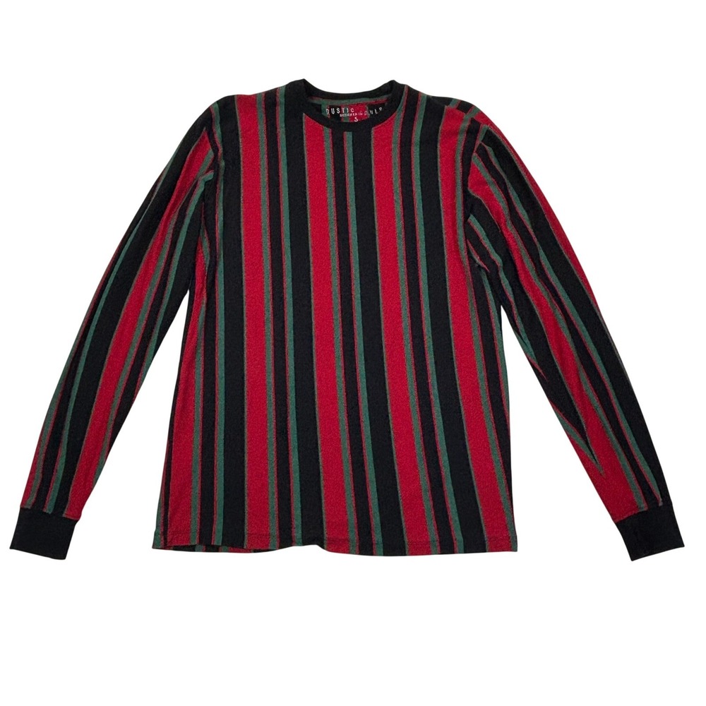 Rustic Souls Men Small Red Black Green Vertical Stripe Long Sleeve TShirt Cotton